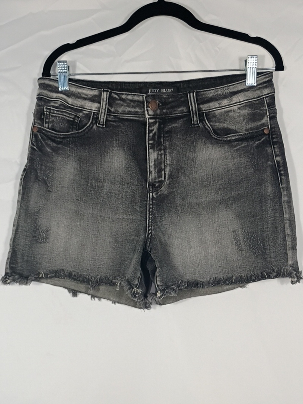 EUC Judy Blue High Waist Denim Shorts Black Raw Hem Women's Size Large Summer